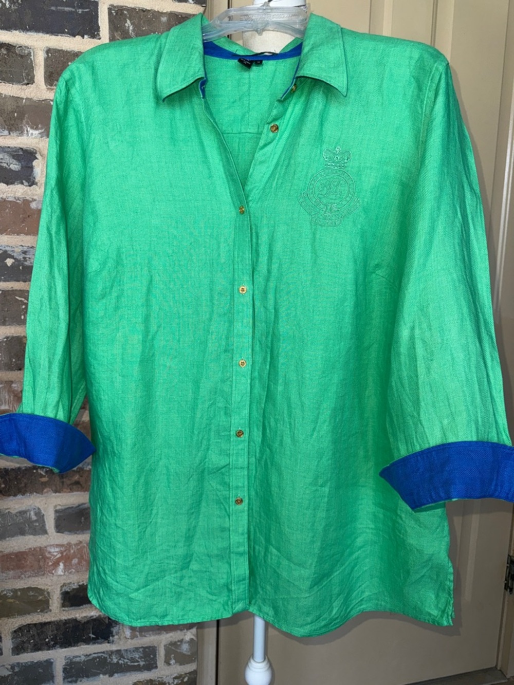 Lauren Ralph Lauren Linen Green Button Up Shirt Blue Contrast Trim Logo Crest 1X